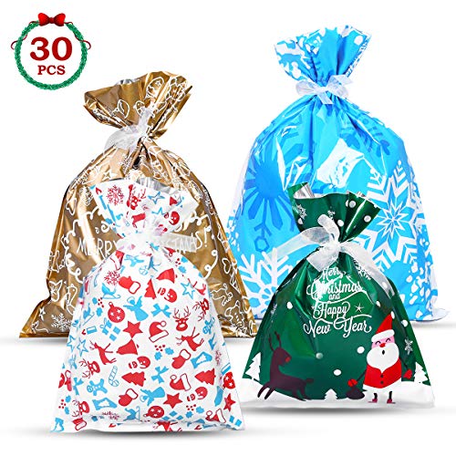 Christmas Gift Wrapping Bags, Godmorn 30PCS Holiday Treat Bags Christmas Gift Bags 4 Sizes Christmas Party Favor Pouch Goody Bags with Ribbon Ties for Xmas Birthday Party Holiday Gifts