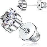 Titanium Screw Back Stud Earrings for Women Men, Hypoallergenic Double Side 5A Cubic Zirconia Flat Back Earrings Birthstone Stud Jewelry 6mm