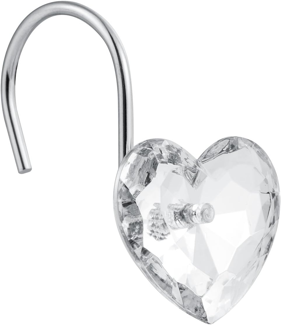 Cyrra Decorative Crystal Heart Shape Shower Hooks Rust Resistant Hooks Glide Shower Ring Hangs for Shower Curtain 12-Pack (Crystal White Heart)