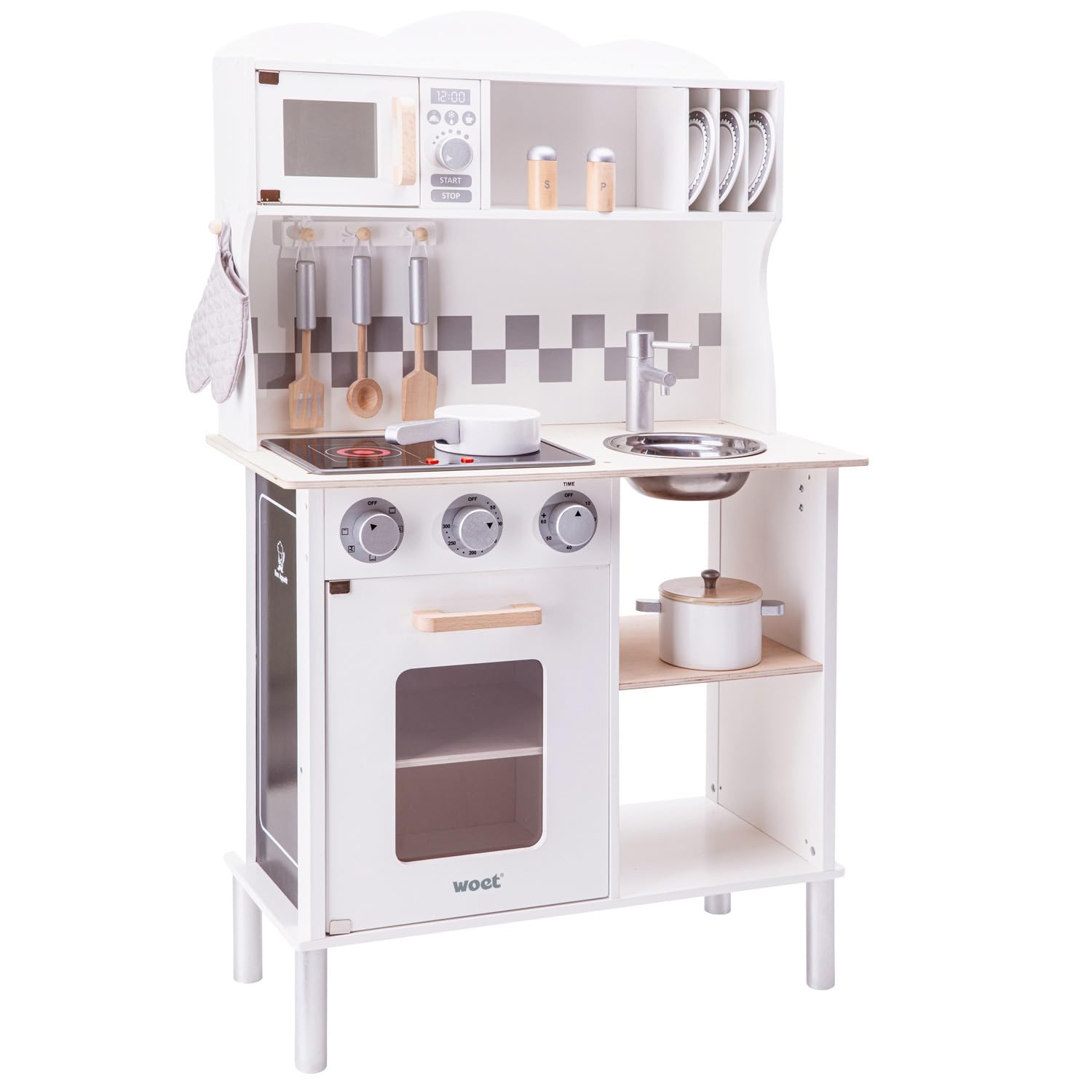 Woet® White Wooden Toy Kitchen for Kids - With Electric Hob, Oven and Sink - Pretend Play Kitchen Set - Age 3 Years+