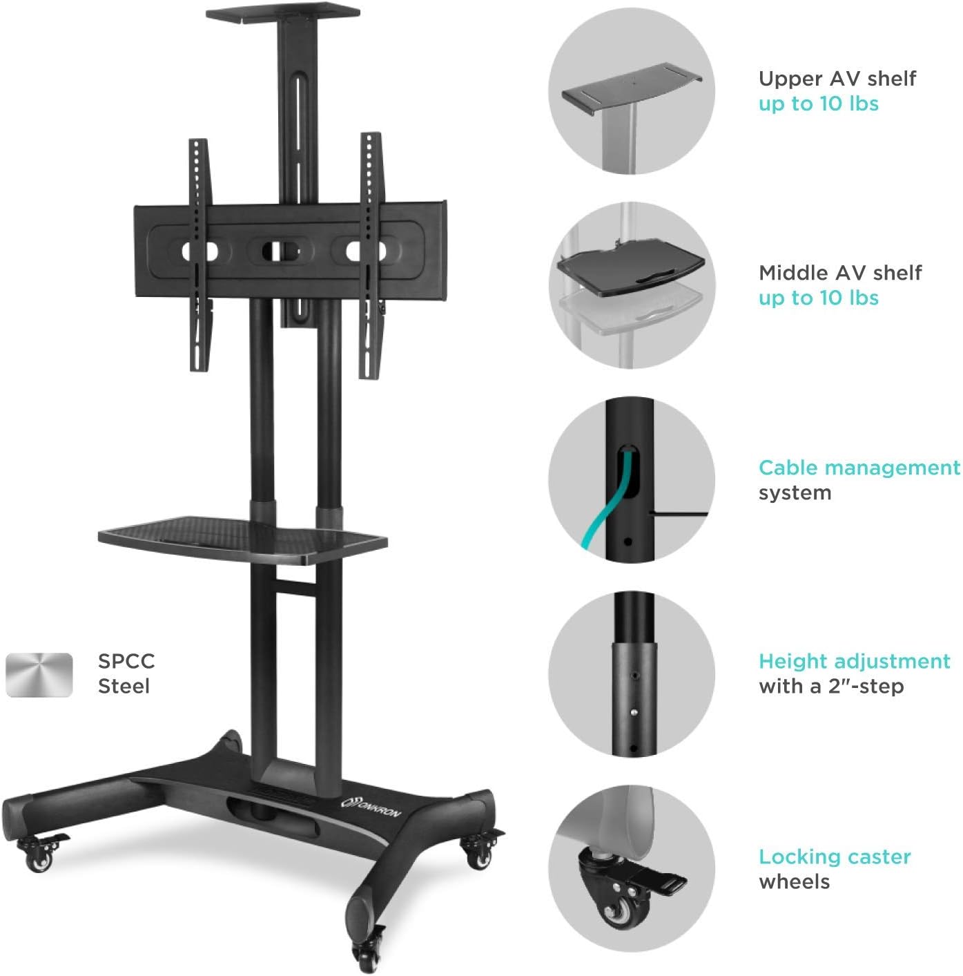 ONKRON Mobile TV Stand with Mount Rolling TV Cart for 40” – 70” LCD LED Flat Screen TV with Wheels Shelves Height Adjustable TV Trolley (TS15-51): Electronics