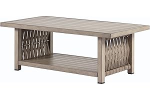 SEEHILL Outdoor Coffee Table, Aluminum Rope Weave Patio Coffee Table, Weatherproof Outside 2-Tier Rectangle Outdoor Patio Furniture for Garden, Pool, Outside, Decks, Gray Oak