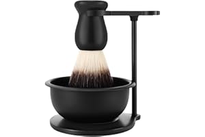 PerPro Matte Black Heavyweight Base Shaving Stand with Shave Soap Bowl and Soft Nylon Shaving Brush with Anti-skid Handle Compatible with Most Safety Razors, Men's Grooming Kit for Gent Mens