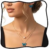 Urieo Blue Layered Butterfly Earrings and Necklace Set, Pearl and Gold Necklaces Jewelry