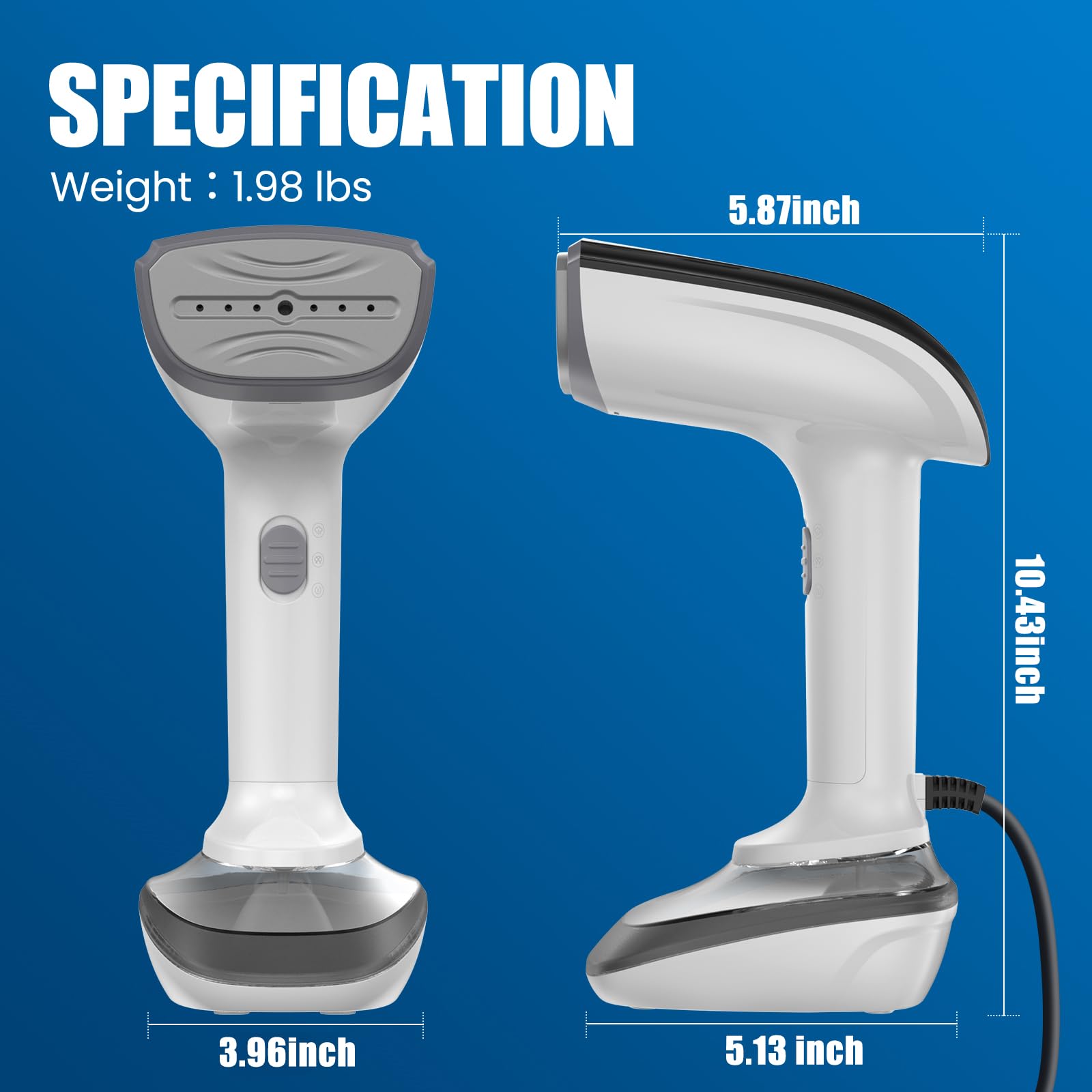 Powerful Handheld Fabric Steamer - 1800W with Fast Ceramic Heat-Up Plate, 2-in-1 Ironing & Wrinkle Remover, Steam Nozzle, Lint Brush - White, for US 120V Only