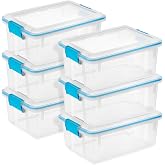 Sterilite Gasket Storage Box with Lids for Home &amp; Office, 12 Quart, 6-Pack | Heavy-Duty, Stackable, and Organizing Containers for Bathroom, Cabinet, Closet, and Garage, Clear and Blue Aquarium Latches