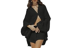 Fixmatti Women 2 Piece Outfits Summer Shorts Sets Lantern Sleeve Button Down Shirt and Shorts Sweatsuit