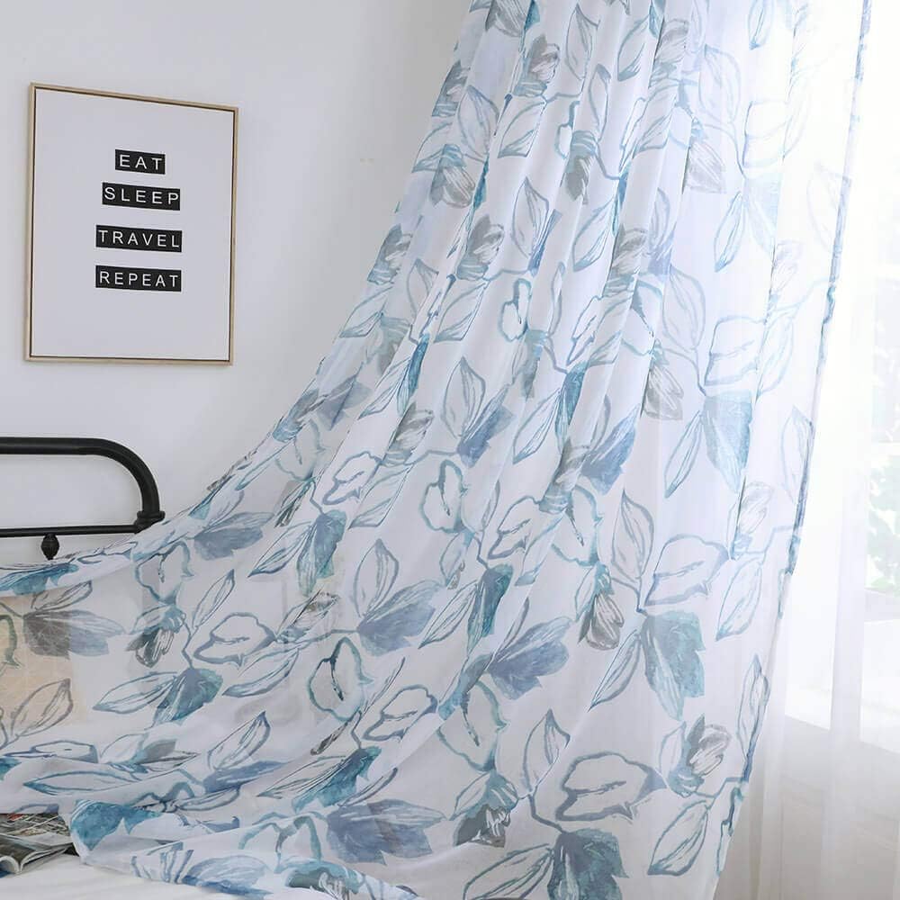 WUBODTI Blue White Floral Voile Window Door Curtains 1 Panel Sheer Linen Look Tulle Fabric Leaf Window Treatments Drapes for Bedroom Living Room, 39" x 79"
