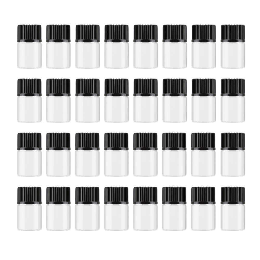 Enslz 50Pcs Clear Sample Glass Bottles mini 1ml 1/4Dram 2ml (5/8 dram) Essential Oils Vials with Orifice Reducer Perfume Cosmetics Lotion Jars Container (Transparent, 2ml)