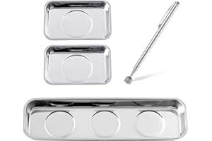 Rechabite 3 Pieces Magnetic Trays with 5LBs Telescoping Magnetic Pick-up Tool Set, 8.9" and 2 Pieces 3.7" Rectangle Stainless Steel Magnet Parts Tray for Screws, Mechanic's