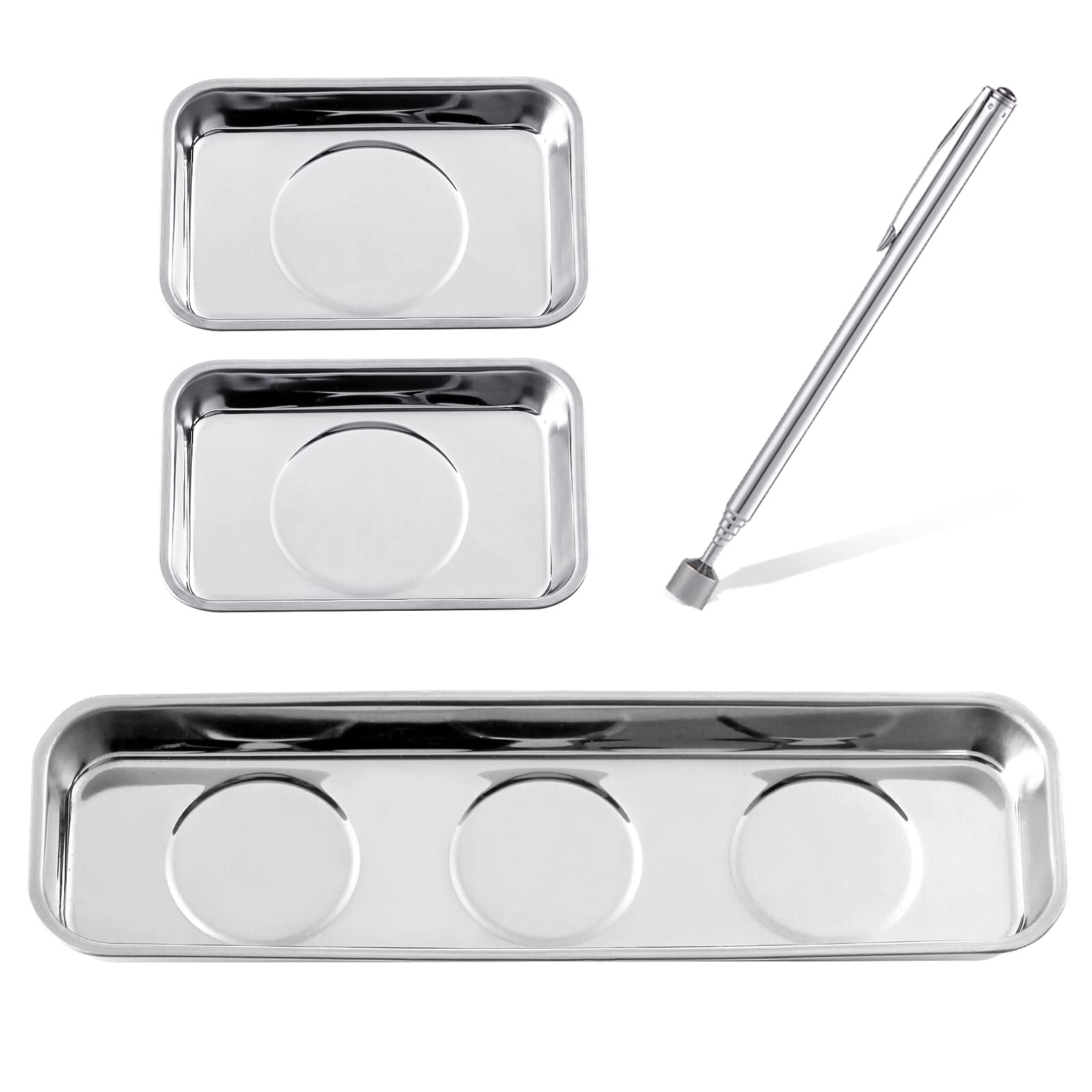Photo 1 of Rechabite 3 Pieces Magnetic Trays with 5LBs Telescoping Magnetic Pick-up Tool Set, 8.9" and 2 Pieces 3.7" Rectangle Stainless Steel Magnet Parts Tray for Screws, Mechanic's