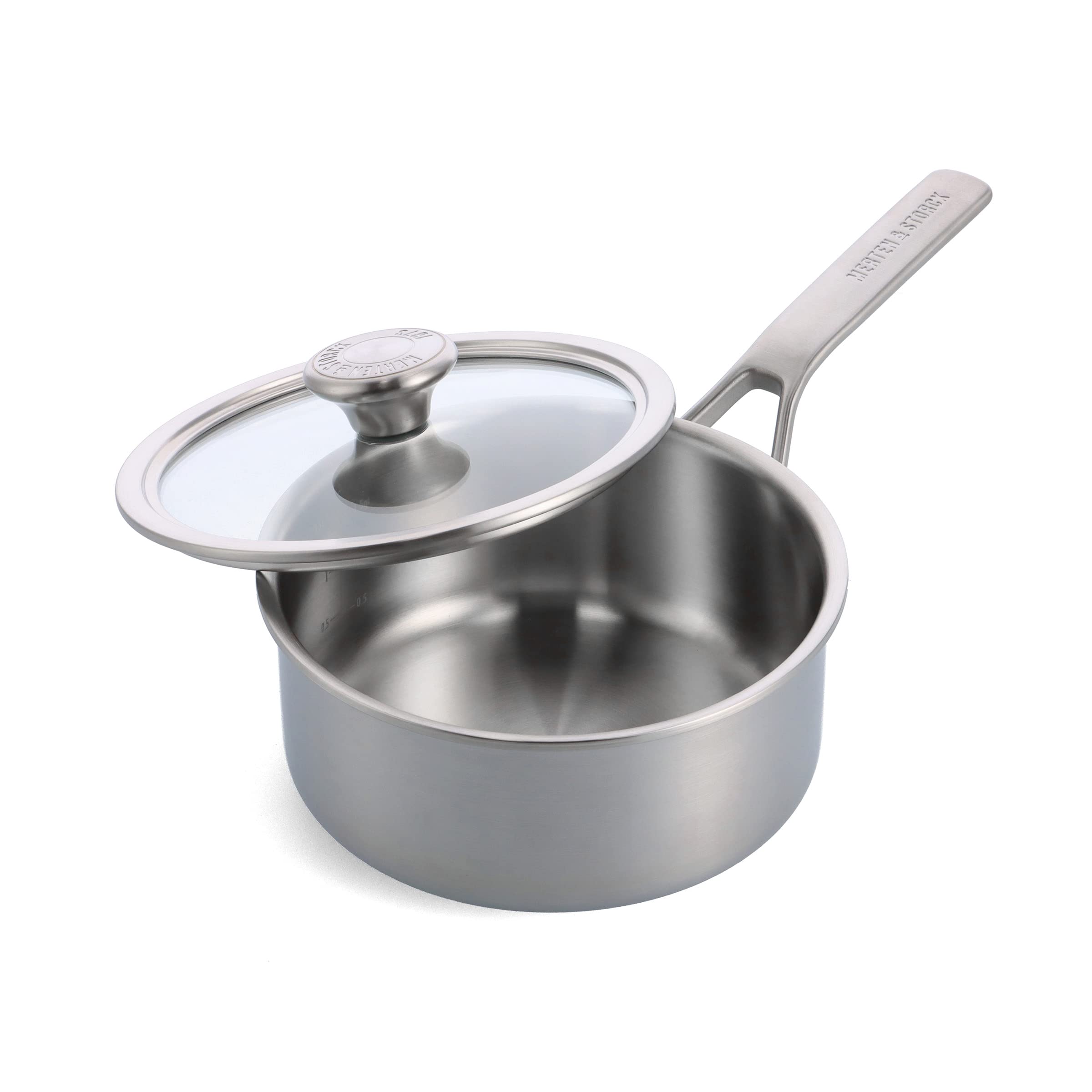 Merten & Storck Tri-Ply Stainless Steel 18cm/2 Litre Saucepan with Lid, Professional Cooking, Multi Clad,Measurement Markings,Drip-Free Pouring Edges,Durable Glass Lid,Induction,Oven