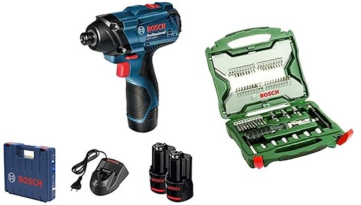 Bosch GDR 120 LI Cordless Impact Driver with Double Battery (Blue, 3-Piece) with Bosch Extendable Screwdriver Set (65-Pieces)