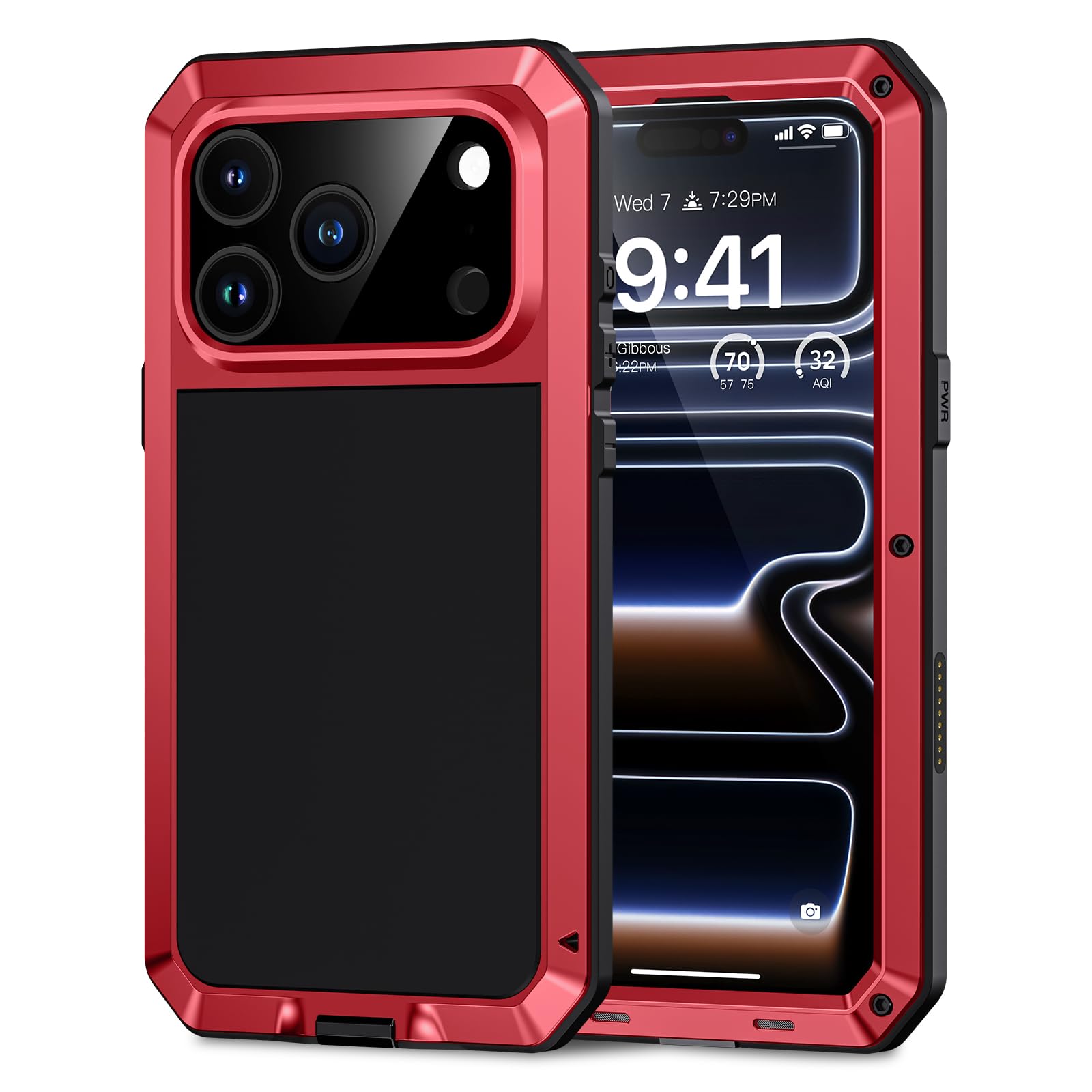 Lanhiem for iPhone 17 Pro Metal Case, Built-in Glass Screen Protector, Military Full Body Shockproof Tough Rugged Heavy Duty Protective for 17 Pro 6.3", Red