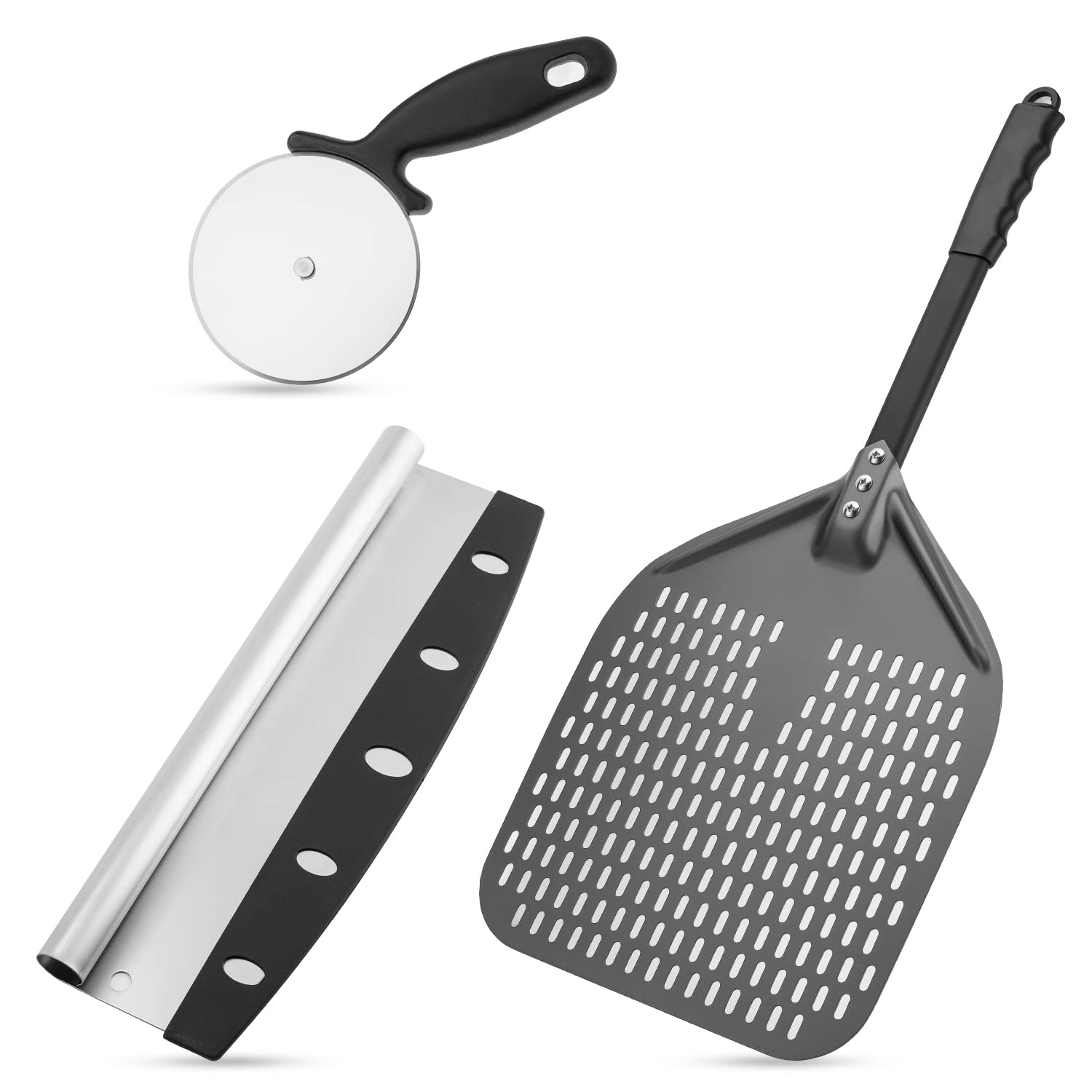 Goodview Household Perforated Pizza Peel, Professional 12 x 14 Inch Paddle Anodized Aluminum Turning Peel with Detachable alloyed Handle for Home Made Pizza