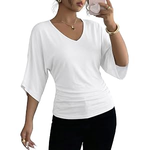 EVALESS Womens Tops Spring Summer 2026 Trendy 3/4 Length Batwing Sleeve | Ruched Going Out Dressy Blouses,Fashion Work Busine