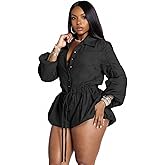 Tbahhir Women Summer Rompers Drawstring Long Sleeve Bubble Cargo Shorts Jumpsuit Casual One Piece Outfits Overalls