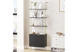FIVEWILLOWISE Ladder Bookshelf with Cabinet, 71" Tall Wall Mounted Bookcase with Shelves & Storage, Fluted Ladder Shelf with Metal Frame, 5-Tier Display Rack for Living Room, Home & Office, Bedroom, Black & Gold