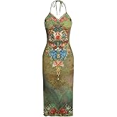 Floerns Women's Floral Print Lace Trim Halter Neck Slit Hem Cami Bodycon Midi Dress