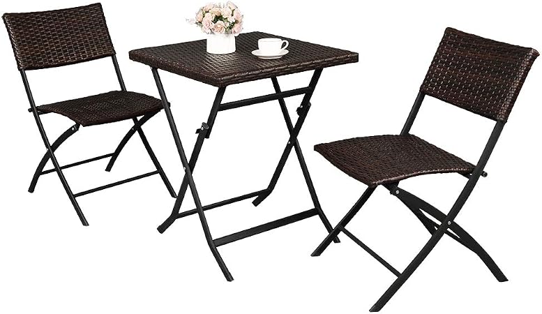Amazon Com Vingli 3 Pieces Folding Rattan Patio Bistro Set Wicker Patio Furniture Set Steel Frame Outdoor Indoor Foldable Table And Chairs For Backyard Garden Brown Garden Outdoor