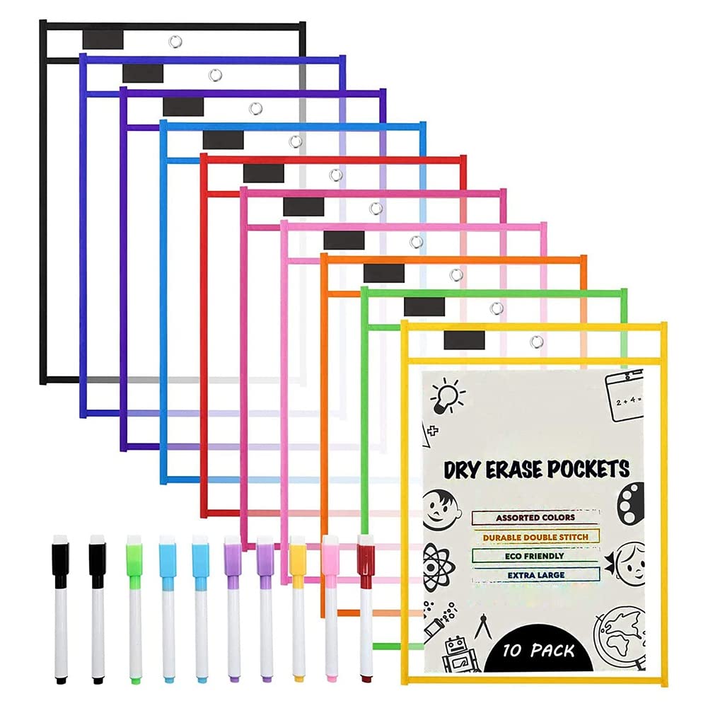 Tyuooker Dry Erase Pockets Sleeves, (10 Pack) A4 Paper Job Ticket Holders, Reusable Dry Erase Sheets for Classroom Worksheets