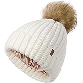 FURTALK Womens Winter Beanie Hat Satin Lined Faux Fur Pom Pom Beanies Hat for Women Winter Warm Knit Hats