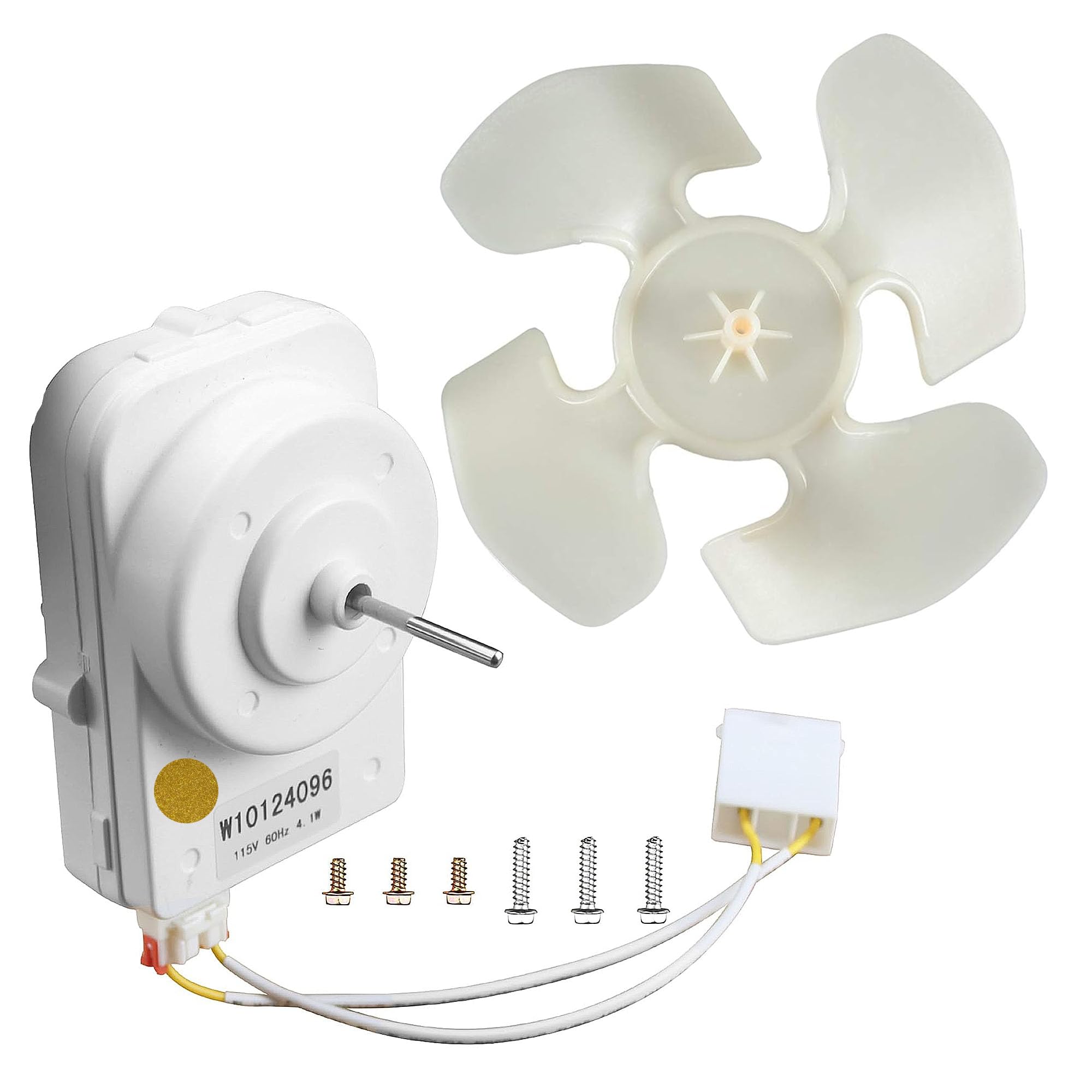 Photo 1 of W10124096 W10130108 W10204250 Refrigerator Condenser Fan Motor Kit - Compatible with Whirlpool, KitchenAid & Kenmore, with Motor, Blade, Harness & Hardware,Replace 2188727 2188538