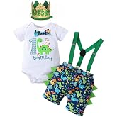 Laqualle Baby Boys 1st Birthday dinosaur Outfit Infant Boy First Birthday Cake Smash Clothes Suspenders Pants Set
