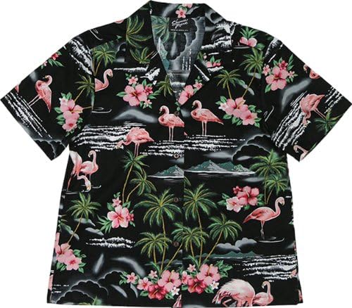 RJC Womens Pink Flamingo Hibiscus Camp Shirt in Black - 3X Plus