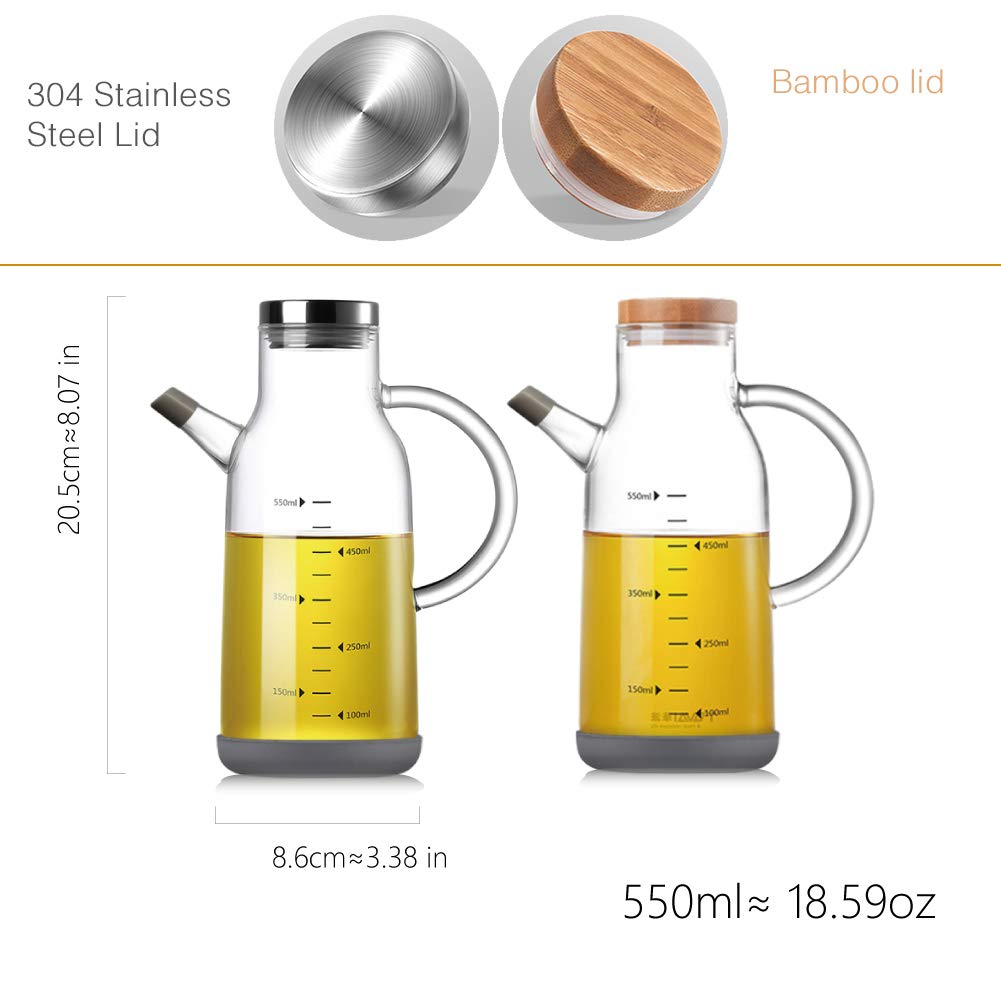 NORTHOME Olive Oil Dispenser Glass Bottle Cruet 18 oz Lead-Free with Stainless Steel lid and Vinegar Bottles for Kitchen Cooking Container set (18oz, Bamboo Lid)