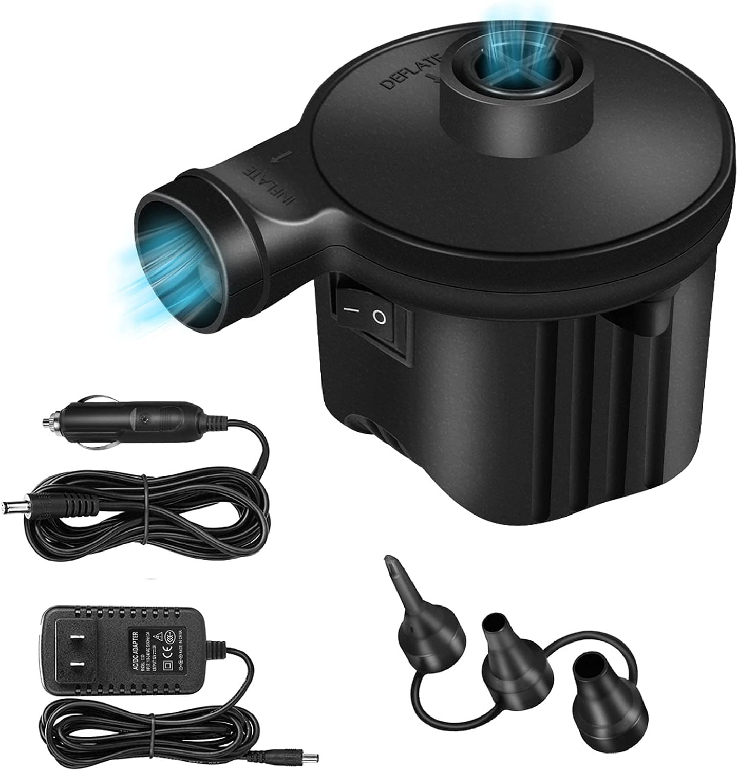 Electric Air Pump, High Power Quick-Fill Air Mattress Inflator Deflator Pump with 3 Nozzles for Inflatable Cushions, Air Mattress Beds, Swimming Ring, Inflatable Pool Float, 110-220 Volt, Black: Home & Kitchen