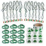124 St Patricks Day Shamrock Party Favor Set, 12 Rubber Bracelets, 12 Shamrock Bead Necklaces, 100 Shamrock Stickers
