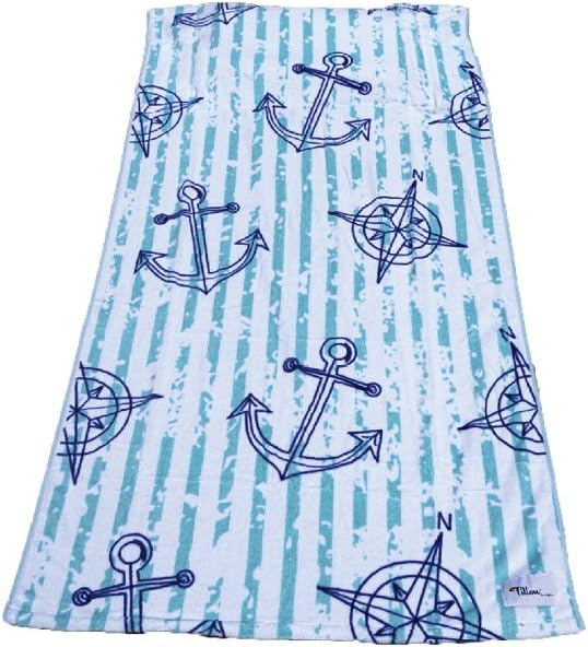 Tillow Oversized Beach Towel with Pillow, Water-resistant Pocket and Touch Screen Phone Pocket, Anchor Design