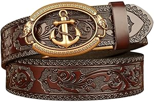 Men’s Leather Belt with Vintage Embossed Pattern & Anchor Alloy Buckle, Adjustable Cowhide Strap, Durable & Stylish