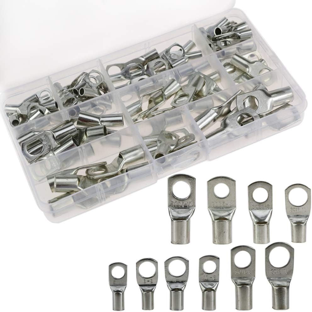 Bolt Hole Tinned Copper Battery Wire Lugs, 100 Pieces Battery Cable Closed End Crimp Connectors with Eyelets, Tubular SC Ring Electrical Bare Terminals fit for 2/4/6/8/10 AWG (Silver,Cold-Pressed)