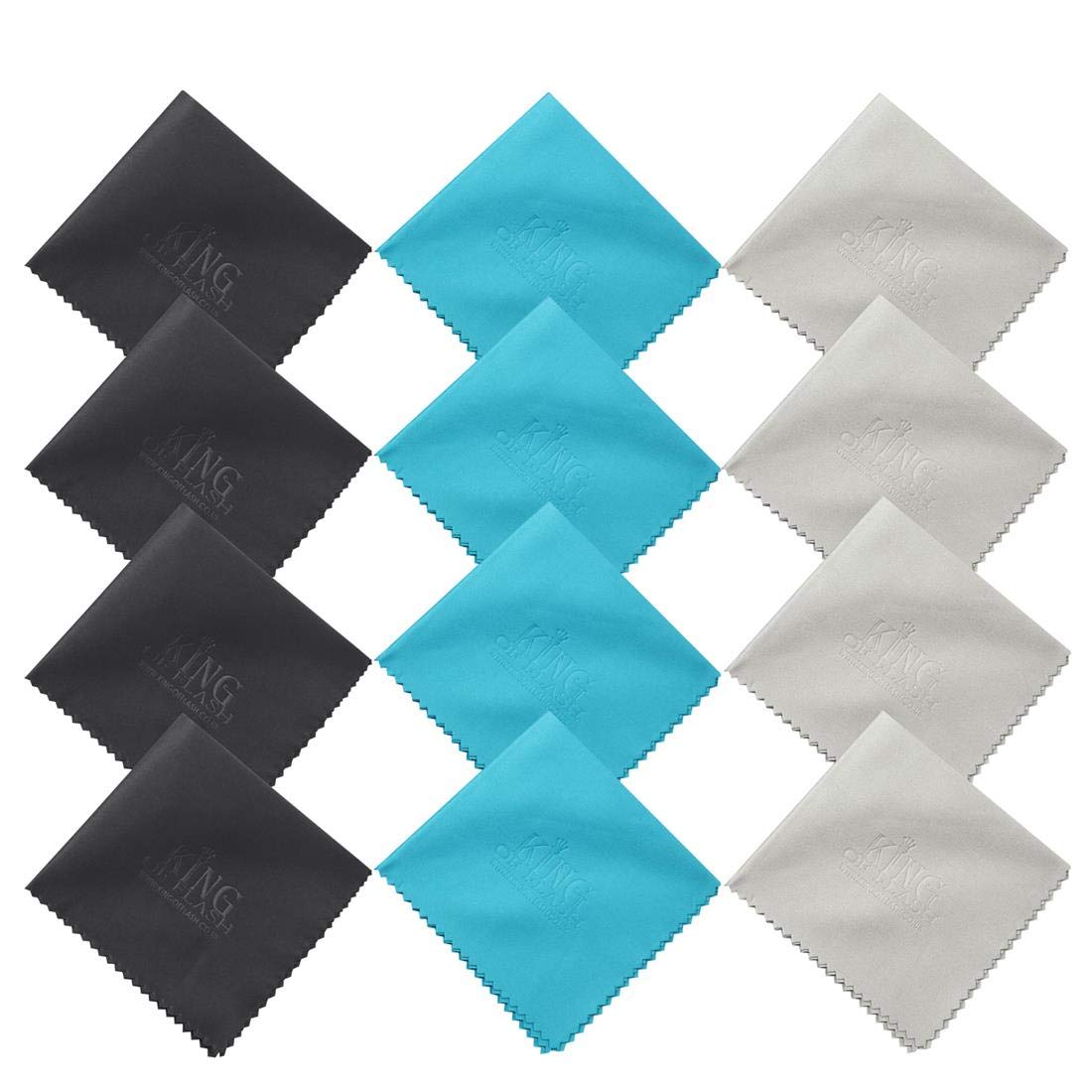 KING OF FLASH Superfine Microfiber Cleaning Cloths For Mobile Phones, Glasses, Tablets, TV, Sunglasses, Screens, Camera Lens Cleaners - 12 Pack (15 x 18 cm) / Blue, Grey & Black