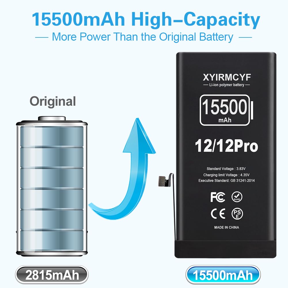 15500mAh Super Capacity Battery Compatible with iPhone 12/12 Pro, 0 Cycle Li-Polymer Replacement Battery for iPhone 12/12 Pro, with Professional Repair Tool Kit