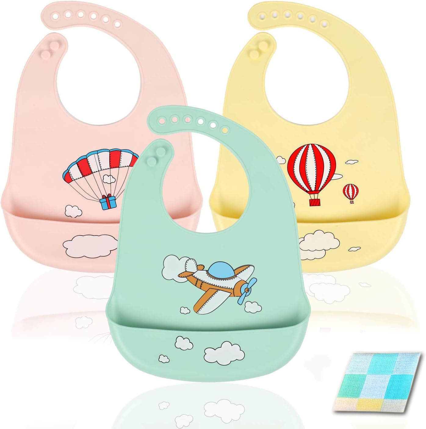 ANGNYA 3pcs Silicone Baby Bibs Waterproof Feeding Bibs with Wide Food Crumb Catcher Pocket Super Soft and Easily Wipe Clean Baby Bibs Set with Free Saliva Towel