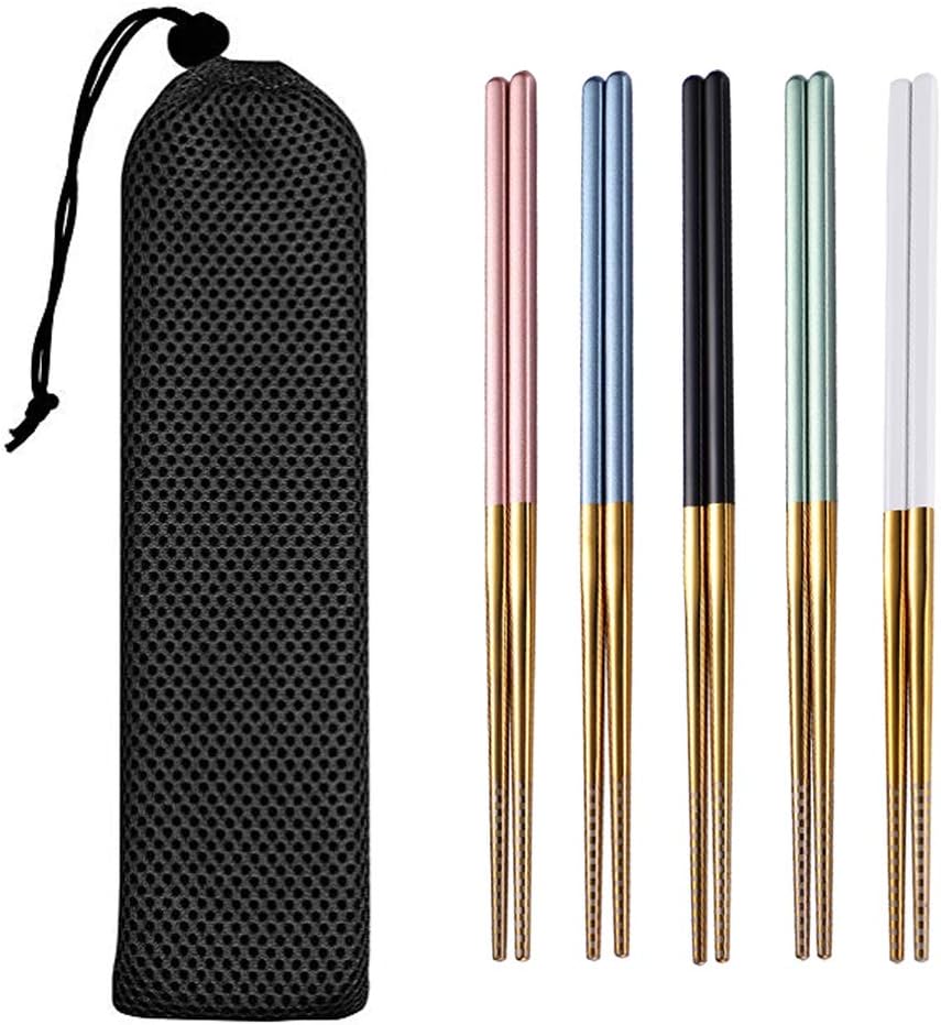 Chopsticks Reusable 5 Pairs Metal Chopsticks, Lightweight 8 1/4 Inches, Dishwasher Safe Stainless Steel Chop Sticks with Bag, Square Multicolor Handle(5Colors+Gold)