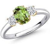 Gem Stone King 10K 2 Tone Gold Green Peridot and White Moissanite 3-Stone Engagement Ring For Women | 1.22 Cttw | Oval 7X5MM and Round 3.5MM