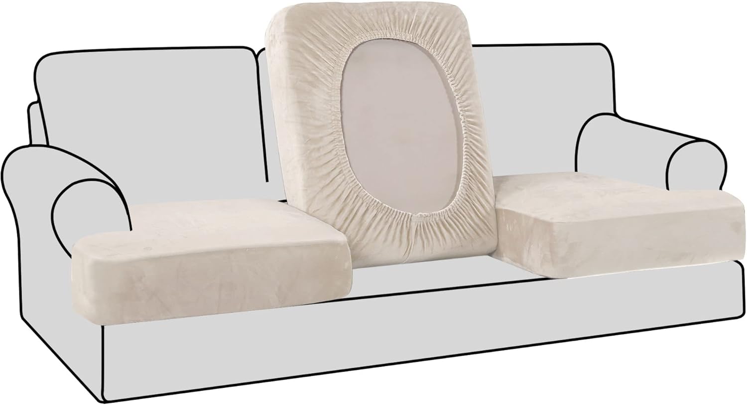 Slipcovers - H.VERSAILTEX Stretch Velvet 3 Piece T Cushion Sofa Slipcovers Individually Sofa Cushion Covers for 3 Cushion Couch Seat Cushion Covers for Sofa Seat Cushion Covers Stay with Elastic Bands, Ivory