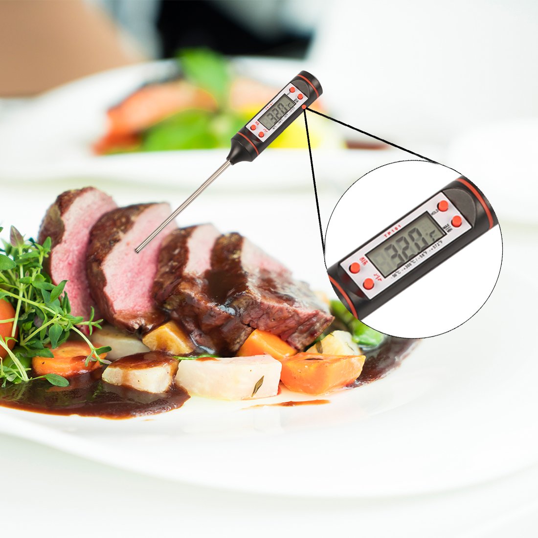 Termómetro Digital de Cocina, Termómetro de Comida Reacción Rápida con Pantalla LCD Sonda Larga Apagado Automático para Alimentación, Carne, BBQ, Horno, Líquido, Comida Bebé, Bebida, etc