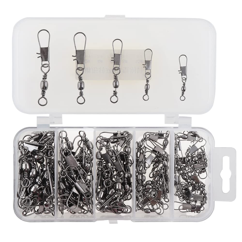 Conskyee 100PCS Fishing Swivels-2# 4# 6# 8# 10#, Barrel Snap Swivels, Saltwater Fishing Gear Equipment with Ball Bearing Lock Rolling Swivel Connector