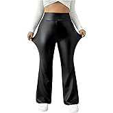 WDIRARA Women's Plus Size Leather Flare Leg Pants High Waist Fashion Casual Long Trousers