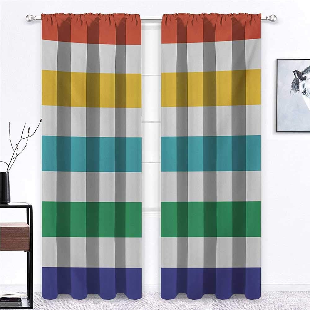 Striped Blackout Window Curtain Rainbow Colored and White Fun