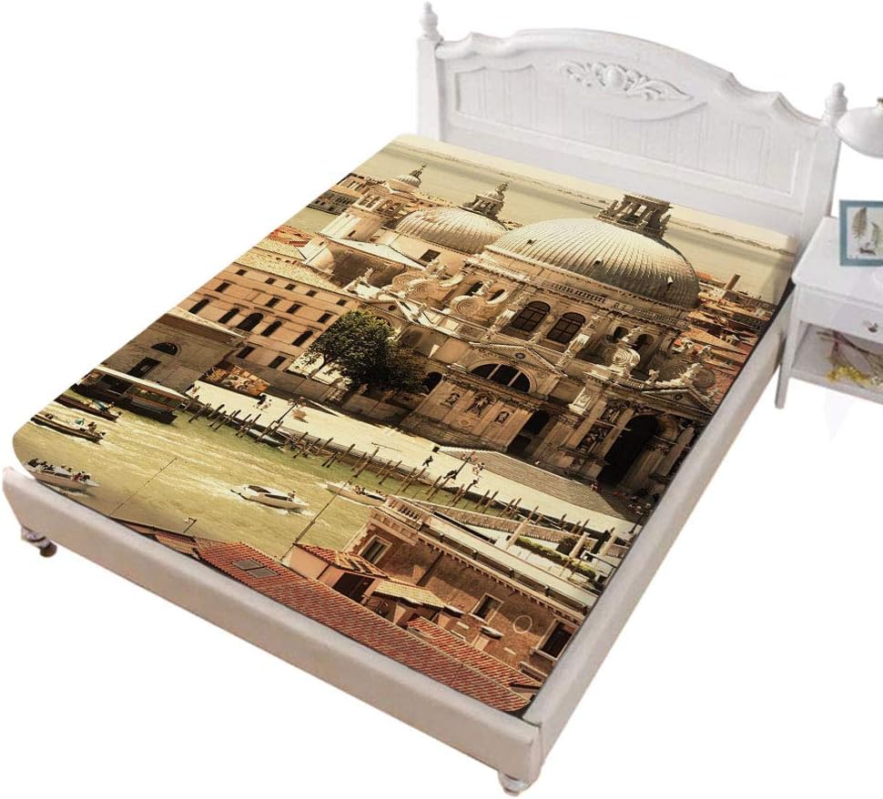 Full Size Fitted Sheet,Antique Italian Architecture Basilica in Venice Historical European Waterfront Decorative Soft Wrinkle Resistant Microfiber Fitted Sheet,Deep Pocket for Kids & Adults,Pale Green