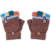 CNGYNI Kids Winter Gloves, Warm Knitted Convertible Fingerless Gloves for Baby Boy Girl with Mittens Cover Cap