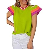 SHEWIN Womens Color Block Tops Casual Crewneck Short Sleeve Pullover Sweater Knit Lightweight Beach Vacation Clothes