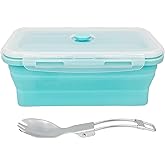CARTINTS Large Collapsible Camping Food Containers, 1200ml Silicone Lunch Container, Microwave Safe Reusable Meal Prep Container For Indoor&Outdoor Kitchen With Foldable Spoon, Blue