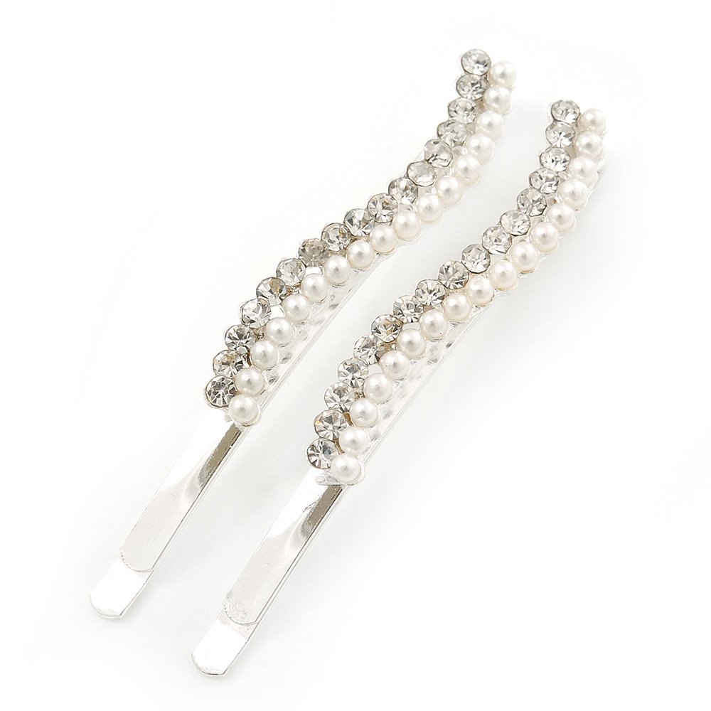 2 Bridal/Prom Crystal, Simulated Pearl Wavy Hair Grips/Slides In Rhodium Plating - 60mm Across